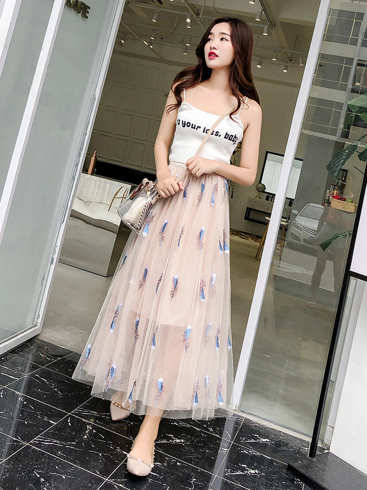 网纱刺绣半身裙女2019夏新款蓬蓬裙中长款仙女裙a字裙长裙沙滩裙