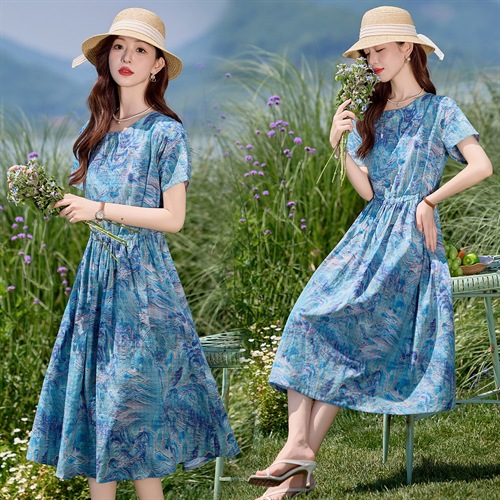时尚碎花棉麻短袖连衣裙女夏2025新款收腰显瘦度假风休闲气质裙子