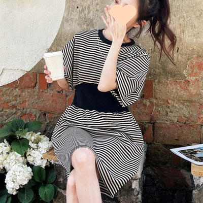 条纹连衣裙女小个子夏2025年新款小众设计高级感法式茶歇显瘦裙子