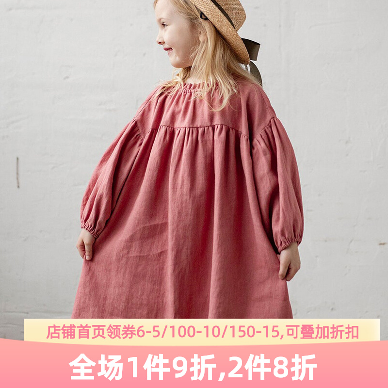 2023新款童装女童棉麻连衣裙秋装长袖女宝宝灯笼袖圆领公主裙白色