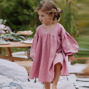 亚麻防晒娃娃裙V领长袖连衣裙女童春夏沙滩裙子森系棉麻大摆裙裙