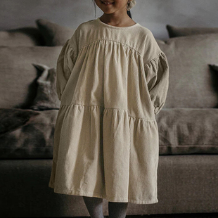 北欧风女童连衣裙灯芯绒儿童长袖裙子秋冬新款加厚宝宝复古公主裙