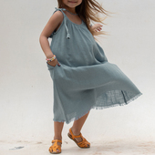蓝色无袖 沙滩长裙海边度假风吊带裙童装 宽松圆领纯棉连衣裙女宝