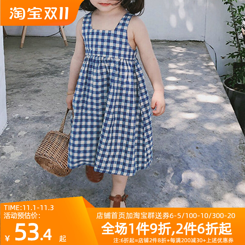 MCAO韩版新款童装蓝白格子方领女童连衣裙棉麻绑带无袖吊带公主裙