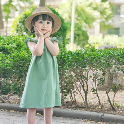女童背心连衣裙夏季飞飞袖棉麻