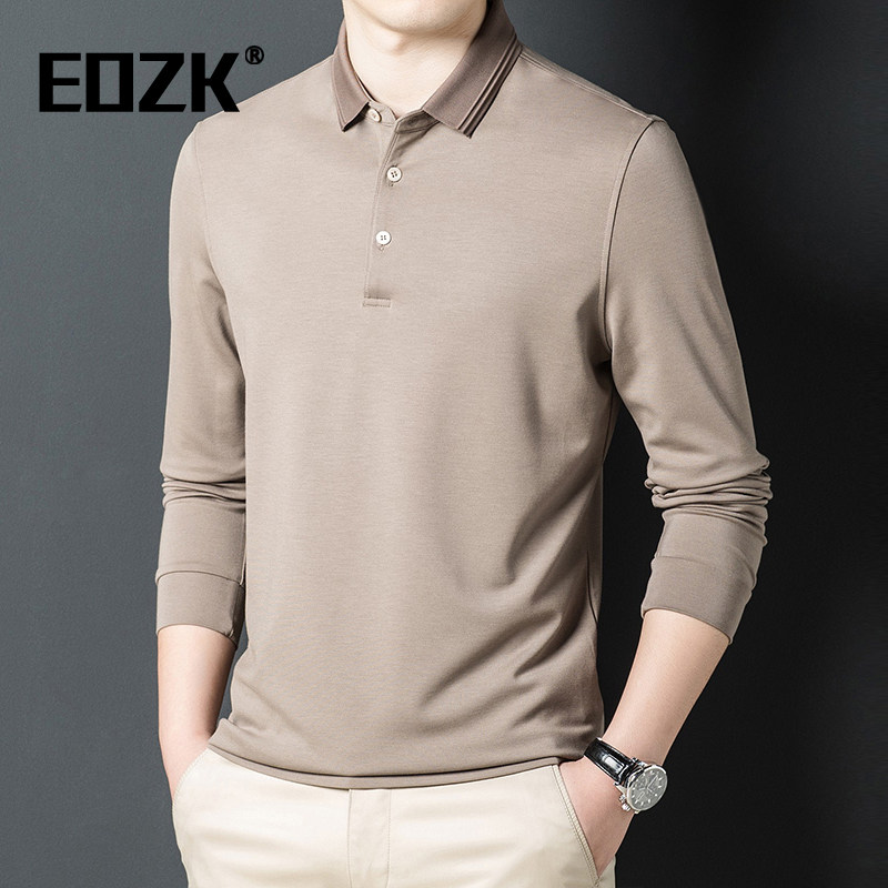 Eozk时尚纯色翻领长袖t恤男2025秋冬新款商务休闲百搭polo衫男装