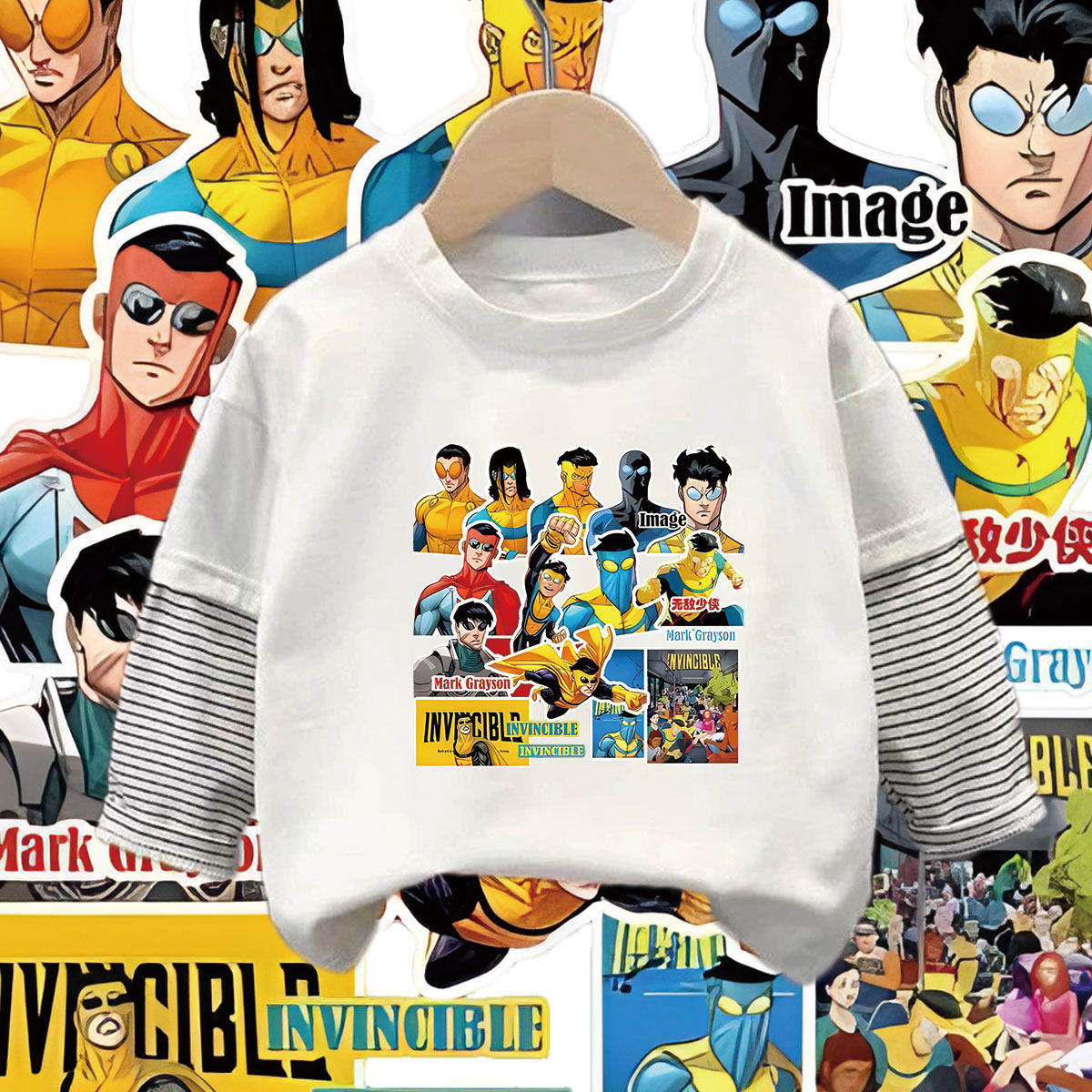 无敌少侠2026春夏爆款假两件纯棉长袖t恤男女童装马克全员打底衫T