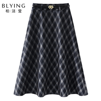 藏青色格子A字半身裙女2025新款秋季高腰显瘦长款垂坠感大摆伞裙