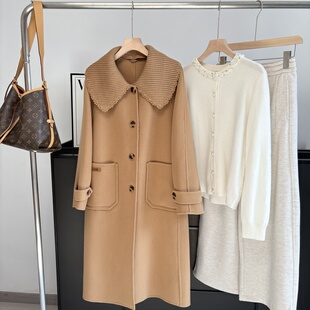 双面羊毛大衣女中长款 新款年轻款海军领百搭休闲毛呢外套