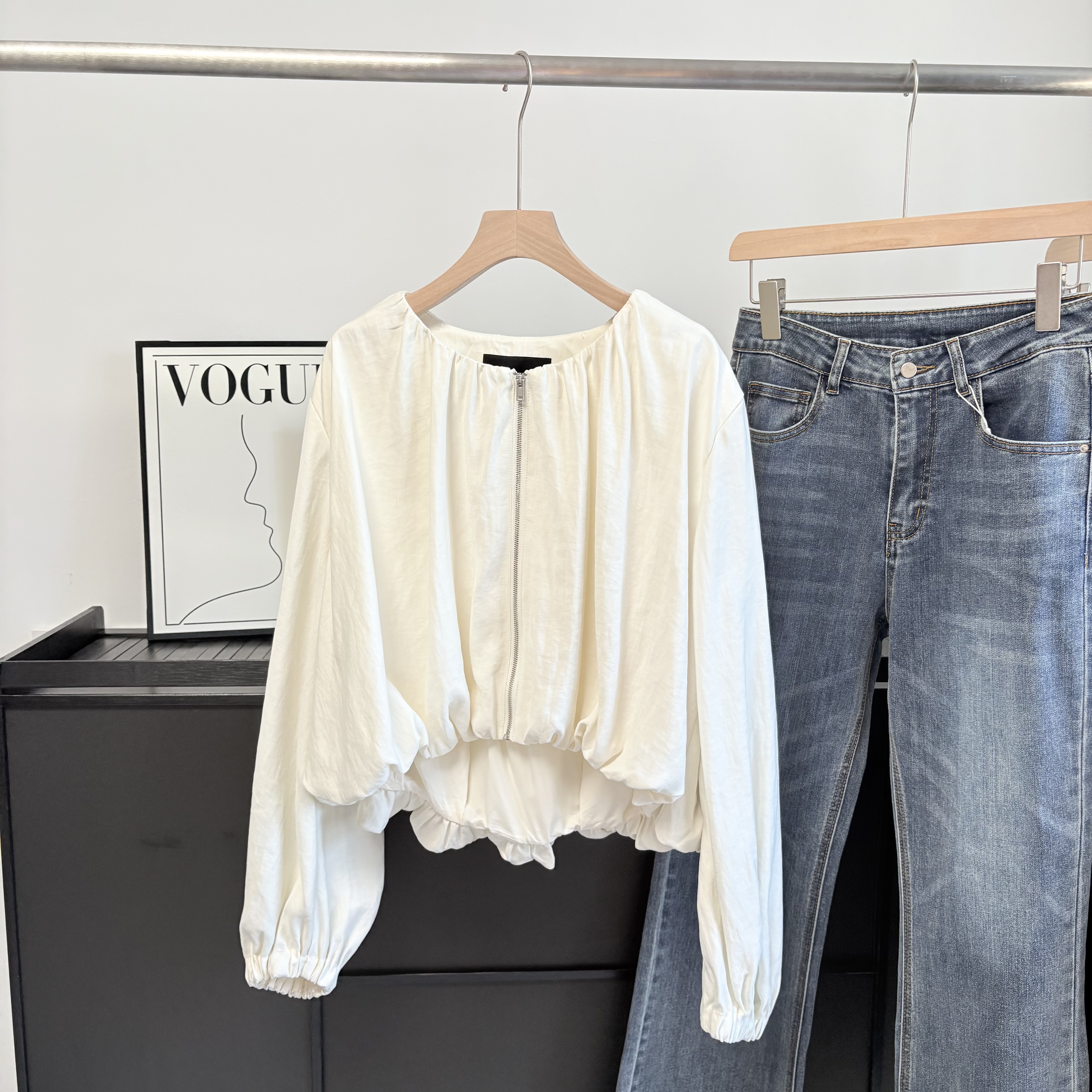 韩系褶皱设计感宽松初春外套女宽松慵懒拉链夹克休闲上衣