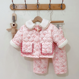 儿童居家加绒睡衣2022冬男女童韩版三层夹棉加厚家居服女宝宝睡衣