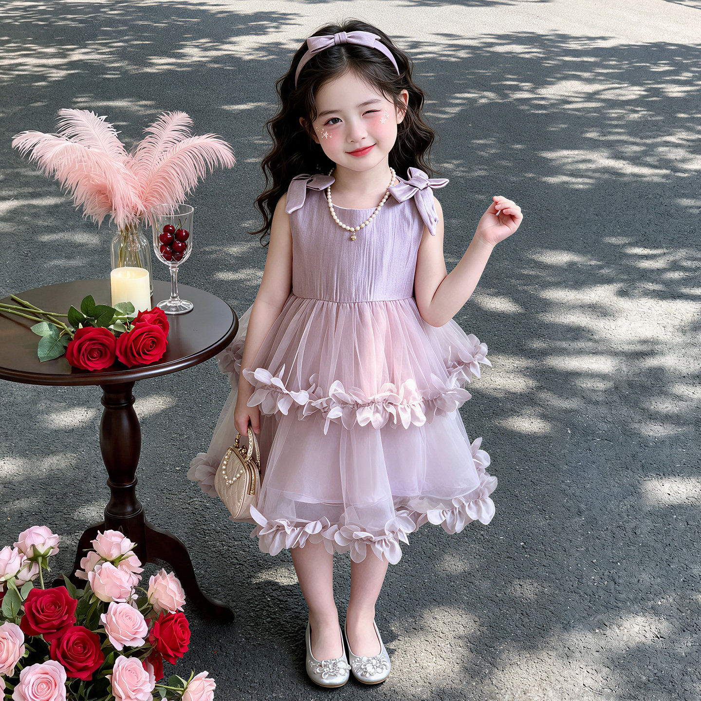 女童无袖网纱连衣裙夏季宝宝花瓣公主裙中长裙甜美生日礼服蛋糕裙