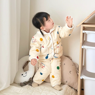 女童三层加厚家居服套装2025新款洋气保暖睡衣宝宝冬季加绒两件套