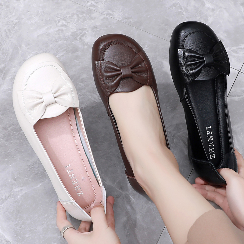 真牛皮妈妈鞋浅口牛筋底大码女鞋