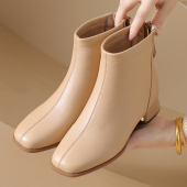 全真皮短靴女粗跟秋冬款 百搭马丁靴方头女靴中跟软底加绒中年棉鞋