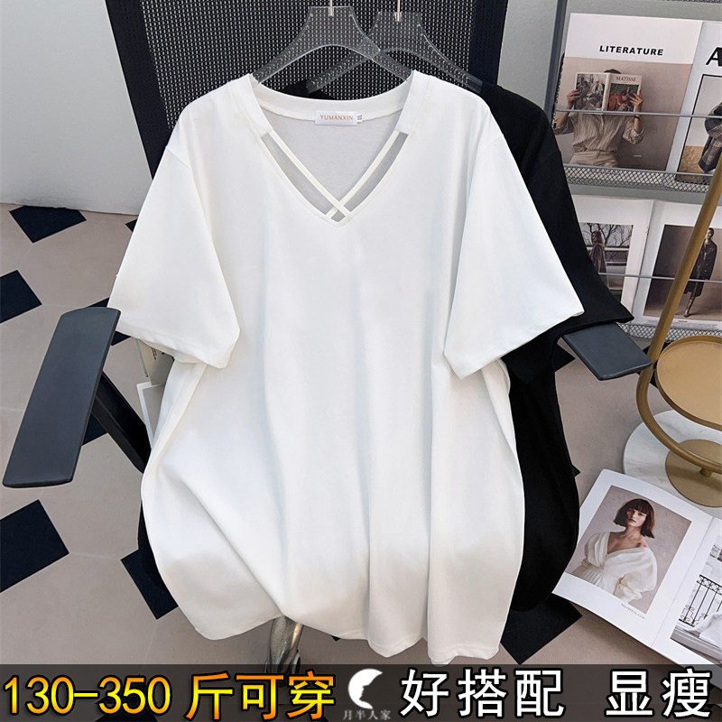 300斤超特大码镂空V领短袖T恤女夏200胖mm加肥宽松遮肚子正肩上衣