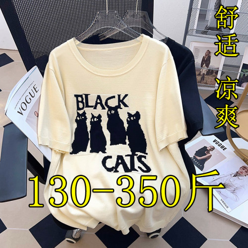 特大码正肩猫咪针织冰丝短袖T恤