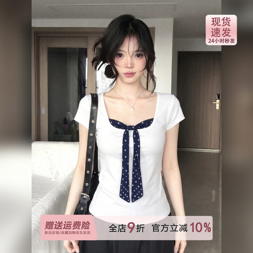 miu系波点假两件u领短袖t恤女夏季辣妹独特超好看蝴蝶结系带上衣