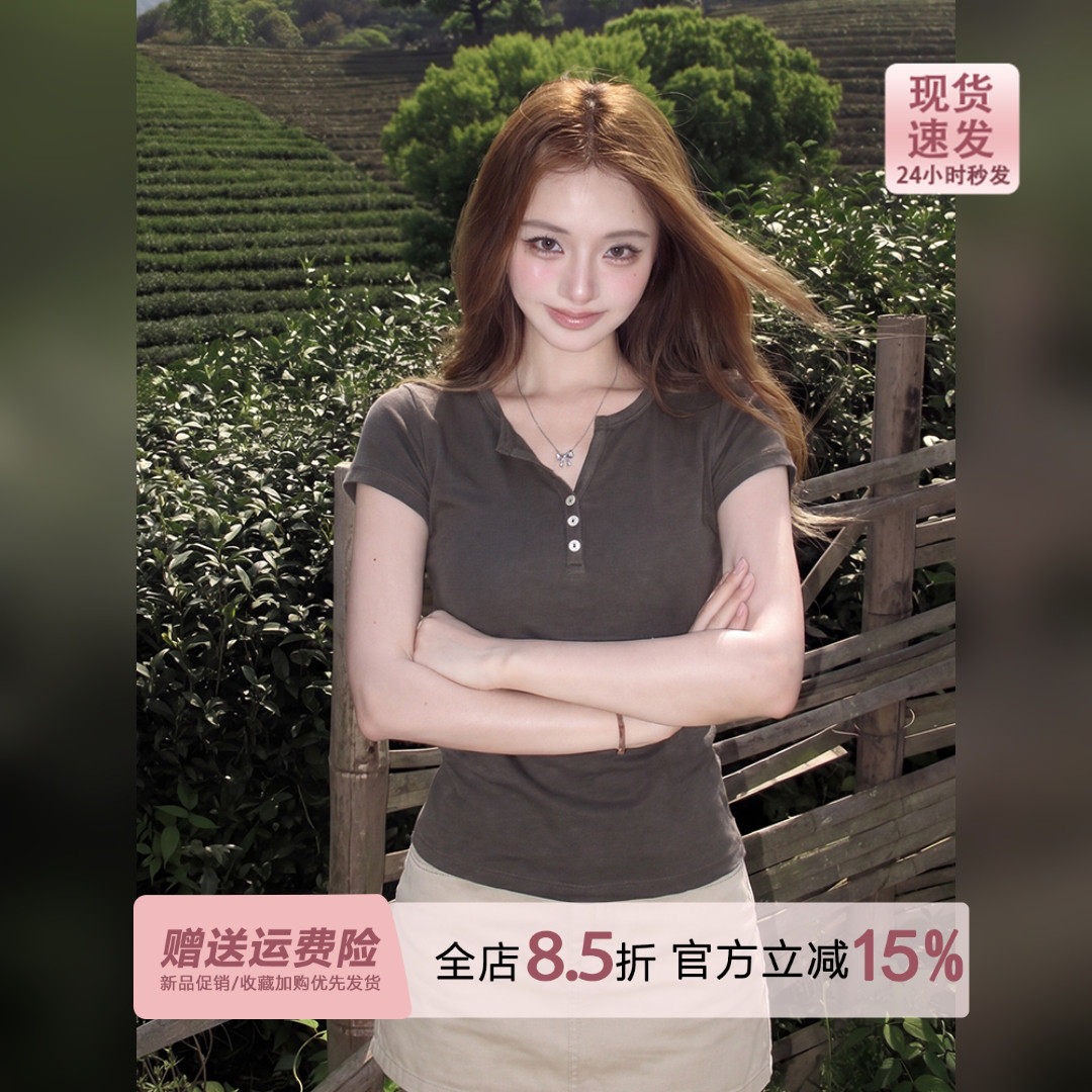 军绿色亨利领短袖t恤女夏季2026薄款收腰tee纽扣复古韩系修身上衣