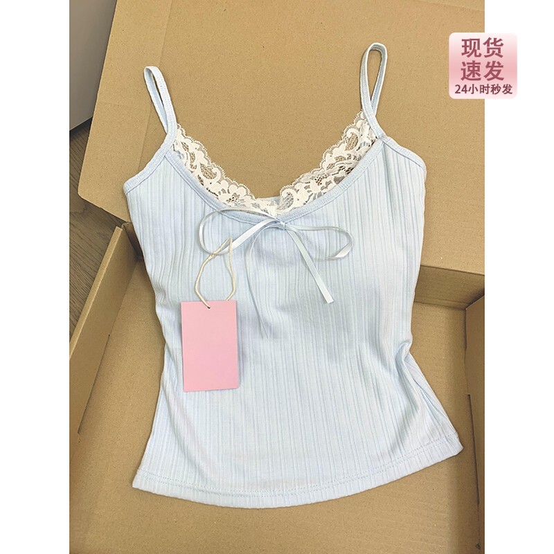 bm风奶蓝色蕾丝小吊带背心女内搭春夏新款蝴蝶结系带短款打底上衣图片