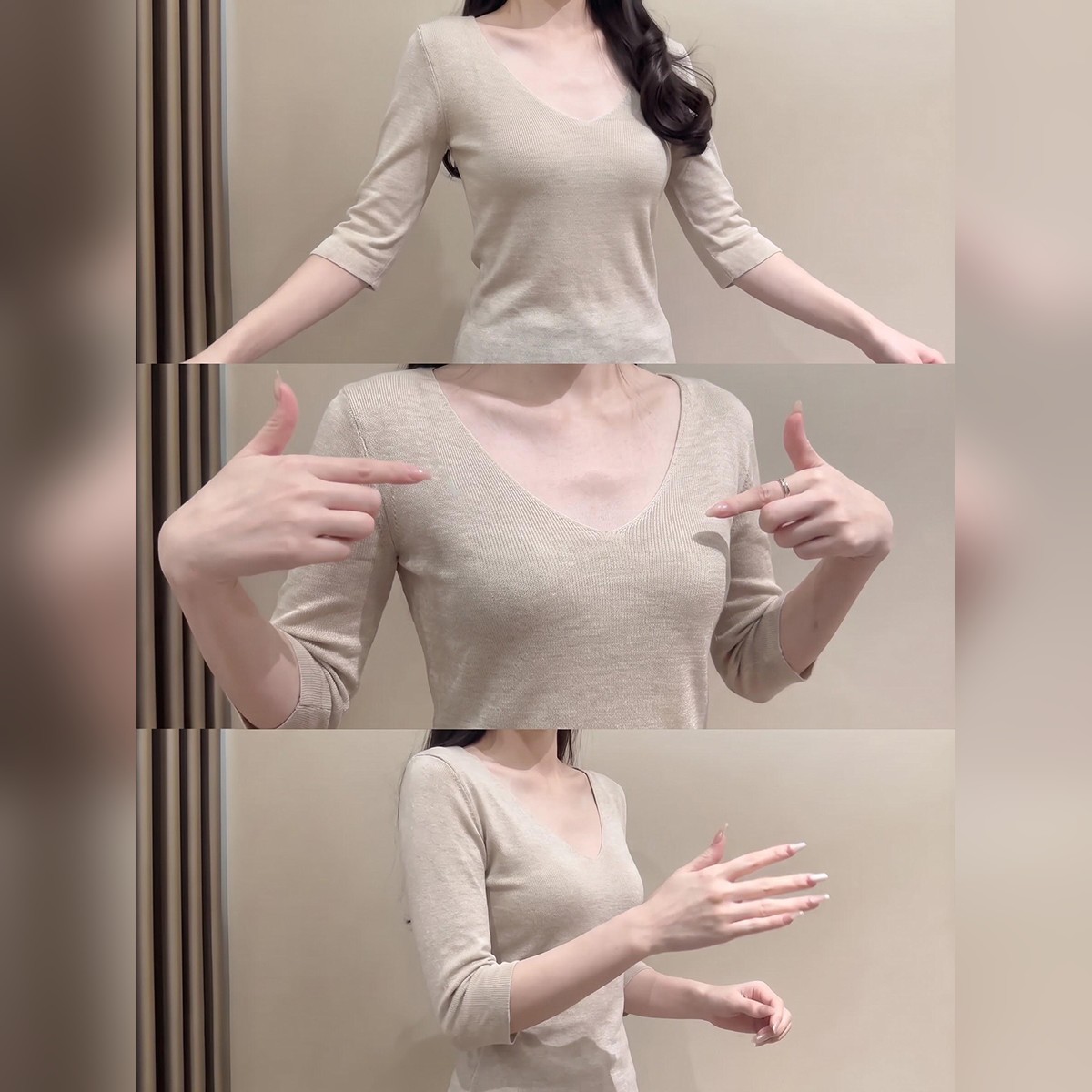 老钱风燕麦色v领中袖针织打底衫女2026初秋季内搭五分袖低领上衣图片