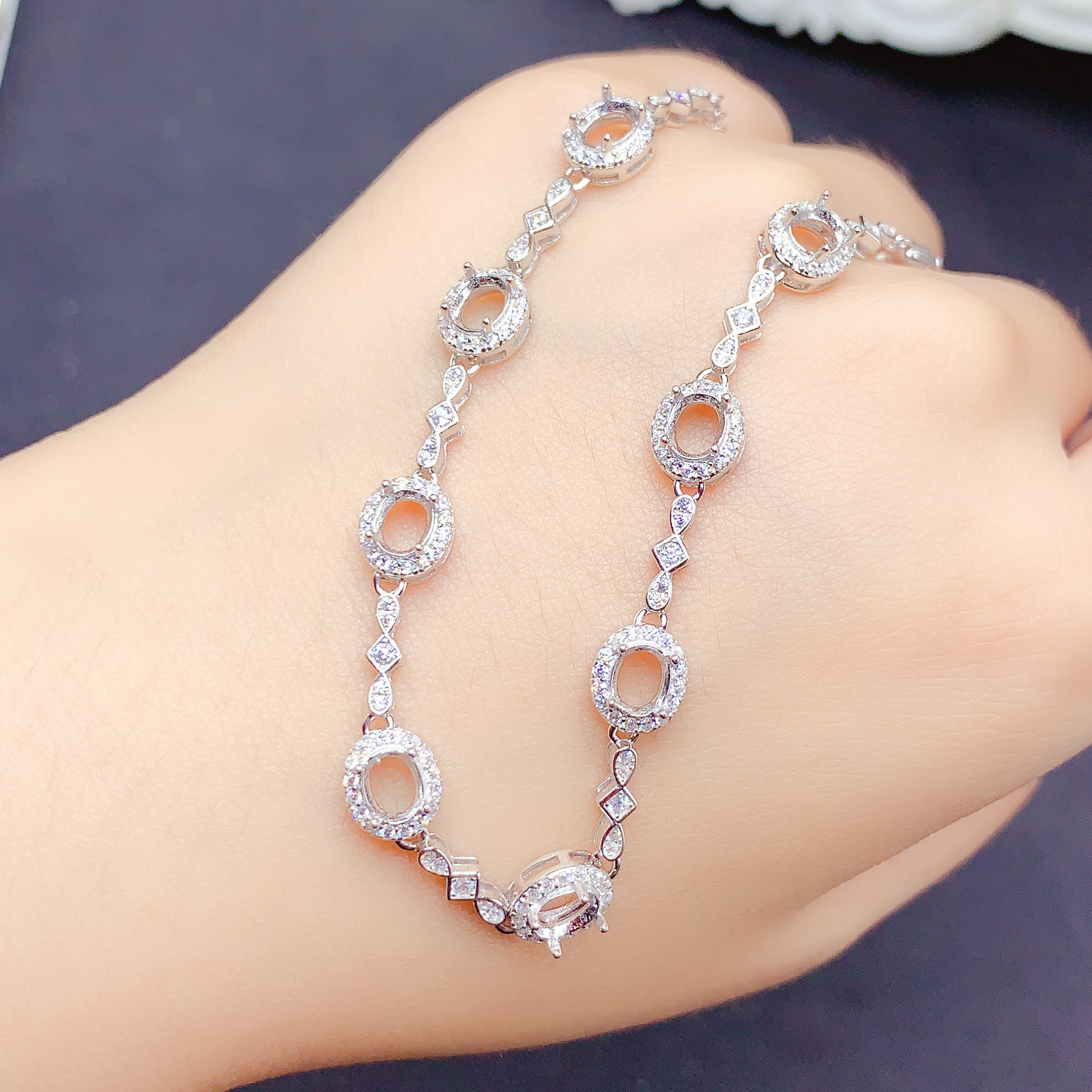 S925银手链空托椭圆4*5mm彩宝8粒