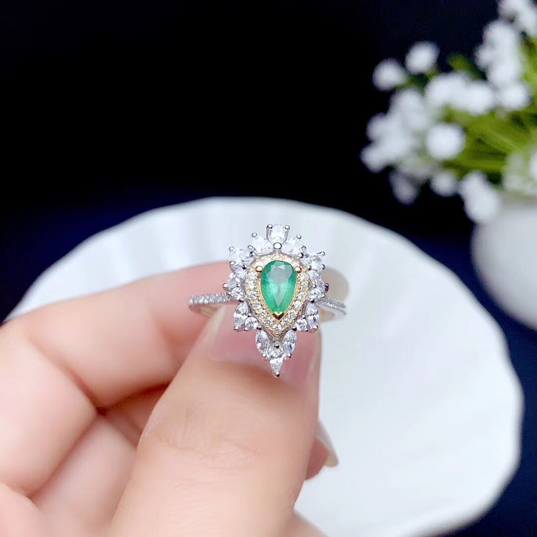 新款925银镀金双色戒指空托高贵典雅镶嵌水滴4*6mm碧玺彩宝红蓝宝