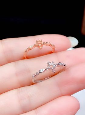 新款925银镀金戒指空托时尚简约镶嵌圆裸石3*3mm碧玺彩宝红蓝宝