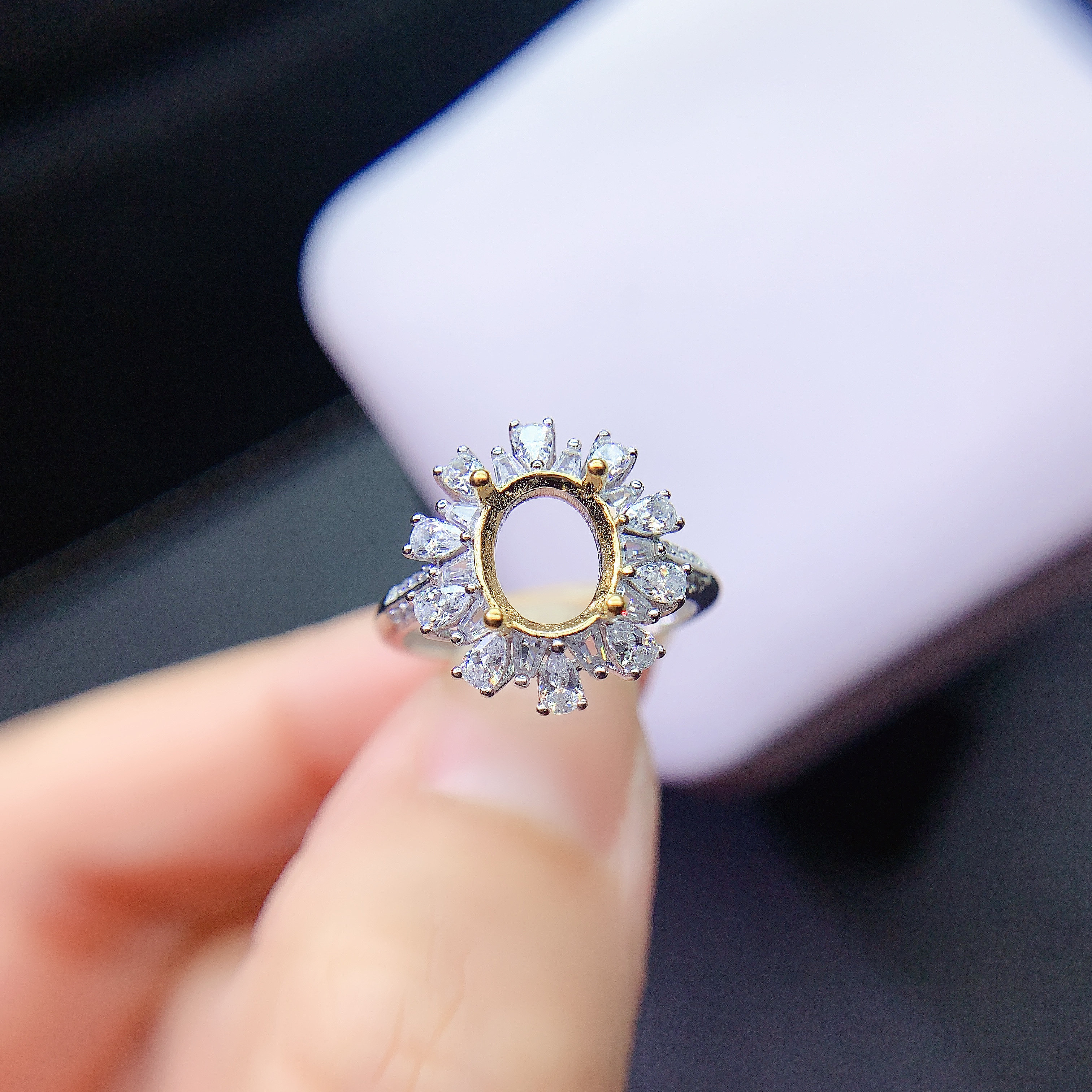 新款925银镀金双色戒指空托高档豪华镶嵌椭圆7*9mm碧玺彩宝红蓝宝