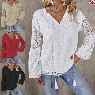衫 秋季 领宽松套头气质长袖 镂空蕾丝衫 亚马逊独立站欧美女装