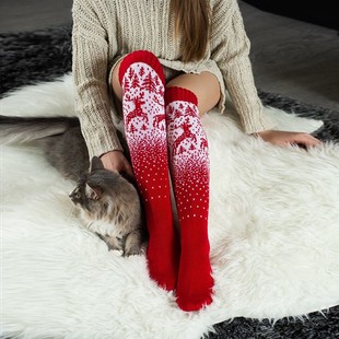 亚马逊速卖通欧美新款 圣诞麋鹿长筒毛线过膝堆堆袜女