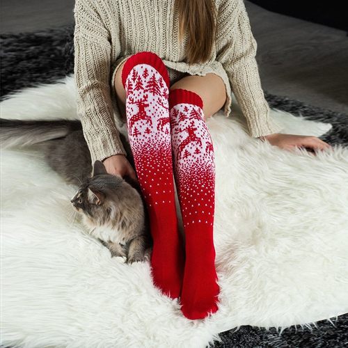 亚马逊速卖通欧美新款圣诞麋鹿长筒毛线过膝堆堆袜女