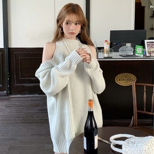 女士毛衣上衣潮 通勤纯欲风粗针慵懒风破洞中长款 露肩针织衫 女韩版