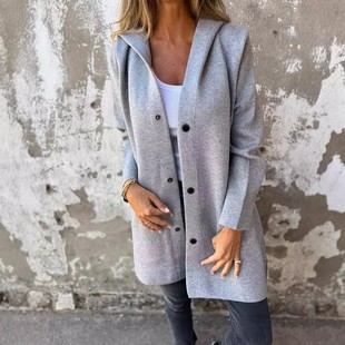 亚马逊速卖通独立站秋冬女装 纯色休闲单排扣连帽夹克外套 爆款