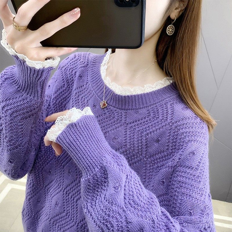 上衣韩版宽松女士针织衫洋气外穿新款春秋蕾丝拼接镂空毛衣女,个性定制/设计服务/DIY,连衣裙加工定制,淘宝优惠券,粉丝福利购,淘宝优惠卷