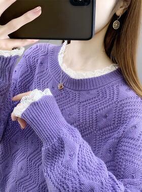 上衣韩版宽松女士针织衫洋气外穿新款春秋蕾丝拼接镂空毛衣女