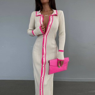 开衫 亚马逊独立站欧美新品 长袖 翻领拼接女式 连衣裙 修身