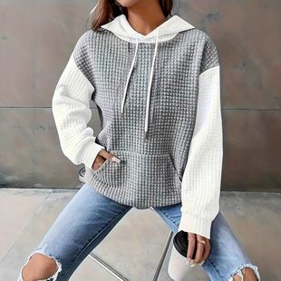 拼色套头连帽卫衣上衣女 大码 秋冬跨境欧美亚马逊外贸新款 时尚