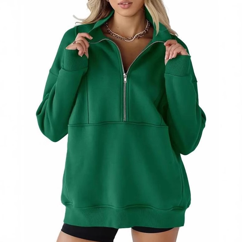 欧美亚马逊新款秋冬拉链拼接口袋加绒卫衣女宽松