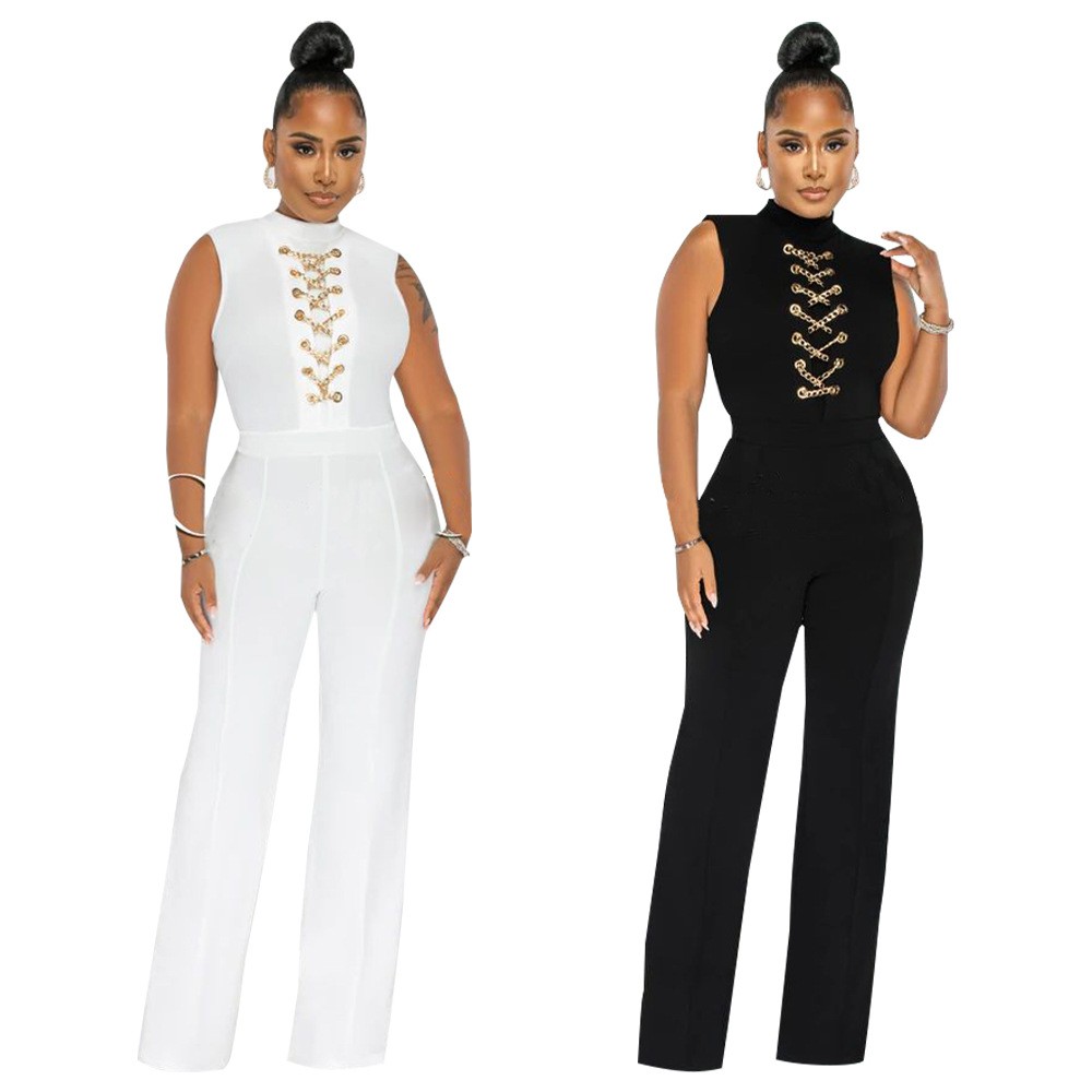 亚马逊独立站速卖通欧美女装性感纯色无袖立领圆领连体阔腿裤