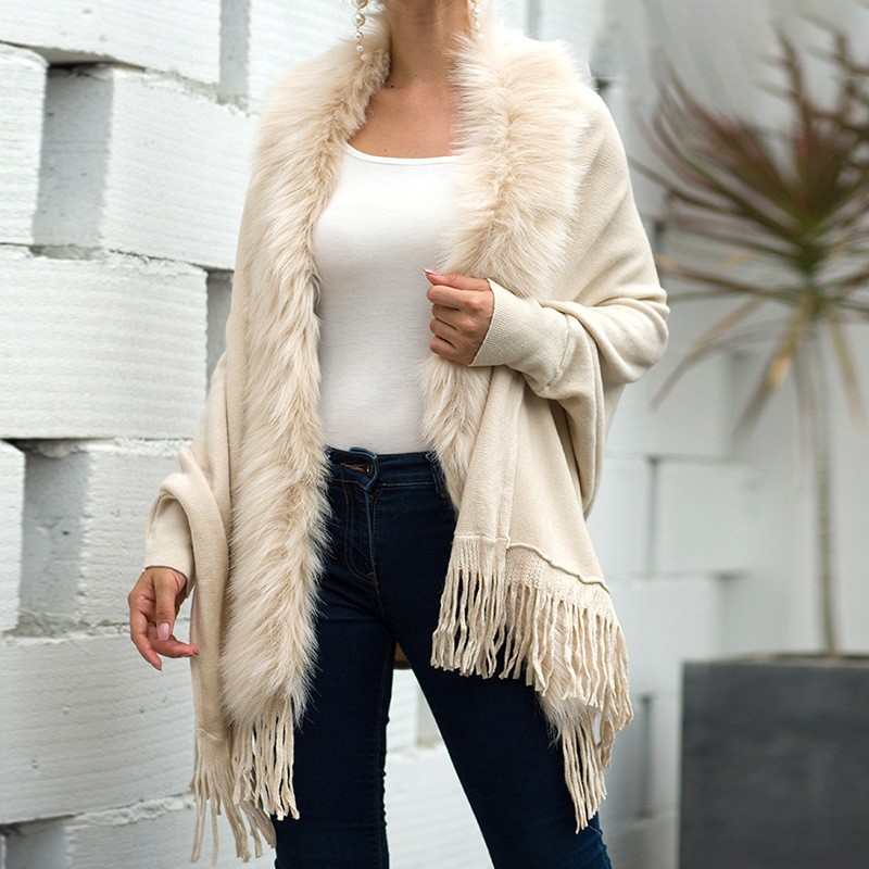 欧美风秋冬外贸亚马逊流苏斗篷披肩毛毛领披风纯色针织毛衣外套