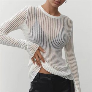 透气沙滩装 新款 圆领薄款 外贸长袖 欧美亚马逊独立站春夏针织衫