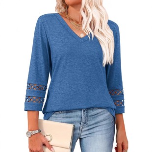 针织衫 新款 女新款 宽松领七分袖 休闲上衣镂空 欧美时尚