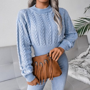 显瘦圆领纯色针织衫 修身 麻花套头毛衣女秋冬新款 欧美跨境短款