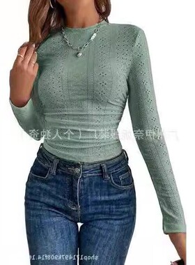 欧美新爆款亚马逊法式针织鸡心领刺绣孔眼褶皱胸围蕾丝装饰恤女