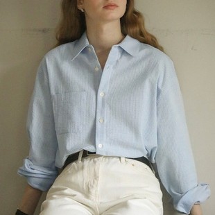 小竖条翻领衬衫 气质通勤单排扣开衫 春季 纯棉女装 上衣 新款 法式