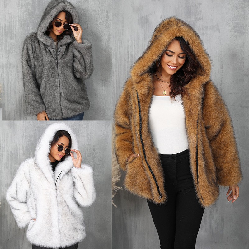 欧美仿皮草大衣纯色宽松连帽短款毛领外套冬季大衣保暖冬装