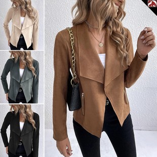 女装 欧美跨境新款 气质通勤拉链短款 皮绒外套翻领长袖 上 亚马逊女式