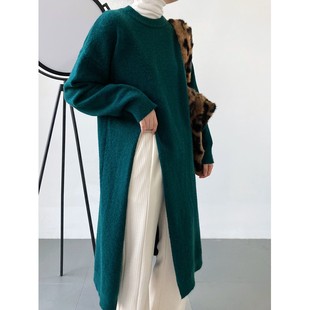 外套 宽松针织衫 欧美跨境慵懒风圆领开叉中长款 毛衣女秋冬新款