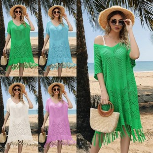 欧美新款 沙滩罩衫 跨境女装 宽松大码 亚马逊流苏镂空针织衫 夏季